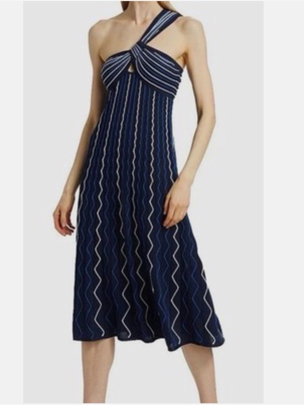 Milly Navy One-Shoulder Knit Midi Dress with Zig Zag Design